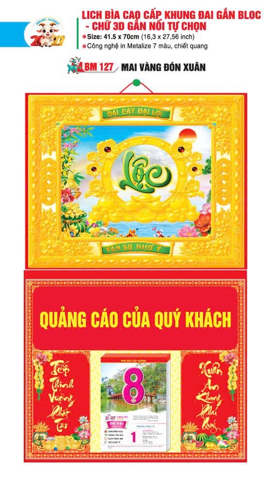 Bìa Lịch Treo Khung Đại Gắn Bloc BM 2027 BM127 - Mai Vàng Đón Xuân - Quà Tặng Đại Hội